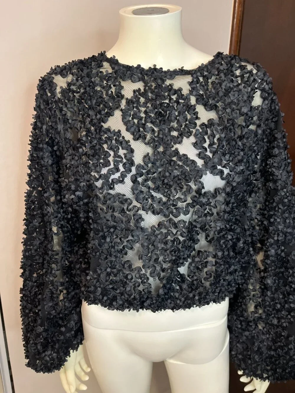 Zara Black 3D Floral Applique Sheer Mesh Top Long Wide Sleeve Large